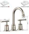 Widespread 8 Inch Brushed Nickel Bathroom Faucet Dope Pop Up Drain, 3 Hole Sink Setup with dimensions shown