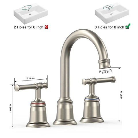 Widespread 8 Inch Brushed Nickel Bathroom Faucet Dope Pop Up Drain, 3 Hole Sink Setup with dimensions shown