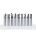 Front view of Pro Grade Carbide Rotary File Set For Precision Metal And Wood Carving Deburring And Jewelry Making Includes Double Cut And Single Cut Burrs
