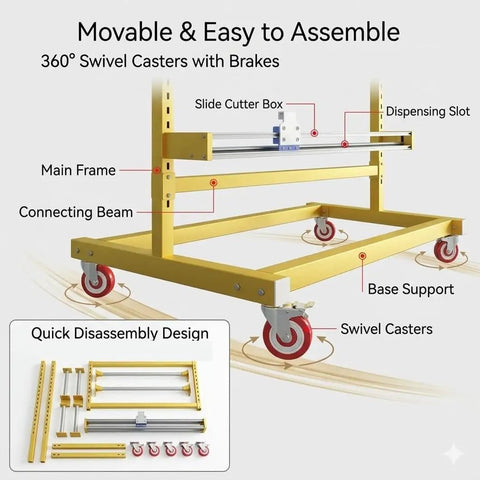 Heavy Duty Packing Station With Upgraded Cutter And Steel Bubble Roll Dispenser Stand mobile shipping prep cart with 360° swivel casters.