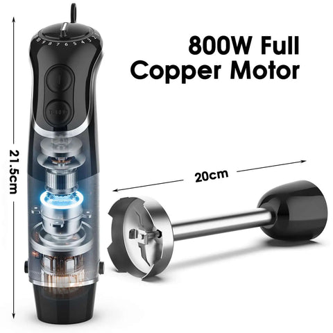 Heavy Duty Corded Hand Blender With Knockout Copper Motor And Twelve Speed Settings Plus Quick Pulse Turbo with 800W copper motor.