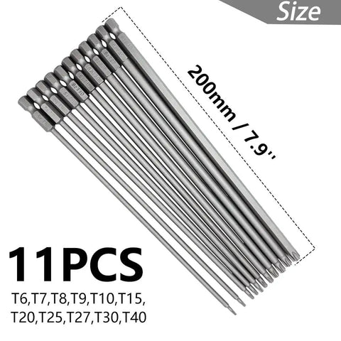 Tough As Nails Extra Long Torx Magnetic Screwdriver Bit Set Forged From Premium S2 Alloy Steel With A Quarter Inch Hex Shank showing 11 pieces ranging T6 to T40.