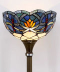 Blue Lotus Tiffany Floor Lamp With Stained Glass Shade 12 Inch Wide 71 Inch Tall Torchiere Standing Corner Uplight Go-To Living Room And Bedroom Decor Antique Bronze Base UL Listed And LED Ready, focusing on stained glass detail.
