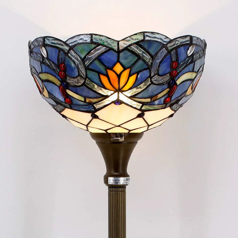 Blue Lotus Tiffany Floor Lamp With Stained Glass Shade 12 Inch Wide 71 Inch Tall Torchiere Standing Corner Uplight Go-To Living Room And Bedroom Decor Antique Bronze Base UL Listed And LED Ready, focusing on stained glass detail.