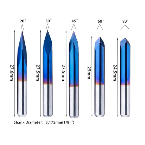 Triangular CNC Router Bit Set 0.1mm V-Bits With Nano Blue Coating And Sharp Pyramid Tips, 1/8 Inch Shank, 20/30/45/60/90 Degree Engraving Bits