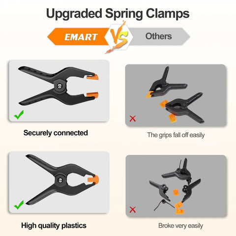 EMART 12-pack 4.5-inch plastic spring clamps with orange tips for backdrops and photography.
