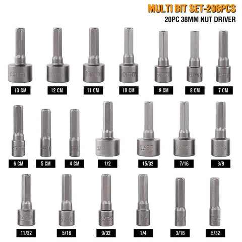 208 Piece Screwdriver Bit Set With Security Bits showing various nut driver sizes with Chrome Vanadium Steel construction