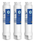 Three white cylindrical water filters, showing labels, designed for Water Filter Replacement Pack Of 3 For Frigidaire PureSource Ultra II EWF02 Systems, NSF Certified 42, Coconut Shell Activated Carbon With Dual Ion Exchange Stages Cuts Chlorine And Impurities, Recommend Flushing About 4 Gallons Before Use.