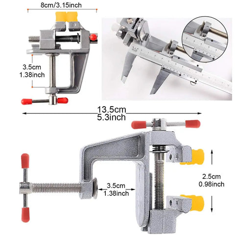 Rock Solid Mini Bench Vise Slick Portable Aluminum Table Clamp With Adjustable Jaw Pins For Drill Press Desktop Mounting with scale.