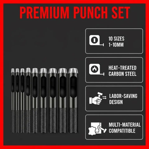 10 Piece Round Hole Punch Set For Leather Craft Pro Grade Steel Hollow Punches 1mm To 10mm With labels for features.