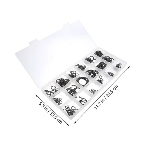 C Type Retaining External Snap Ring Kit in carbon steel shaft clips neatly organized in a white storage box with compartments.