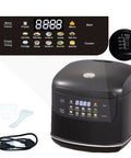 Compact 2.1 Quart Smart Rice Cooker With Steamer Basket, 400W Quick Cooker, digital display, power cord, spoon, and measuring cup