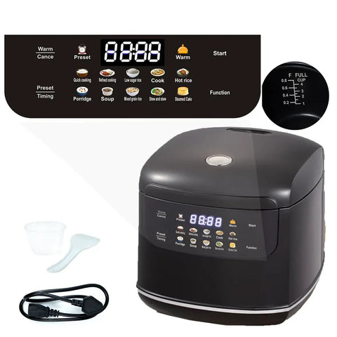 Compact 2.1 Quart Smart Rice Cooker With Steamer Basket, 400W Quick Cooker, digital display, power cord, spoon, and measuring cup