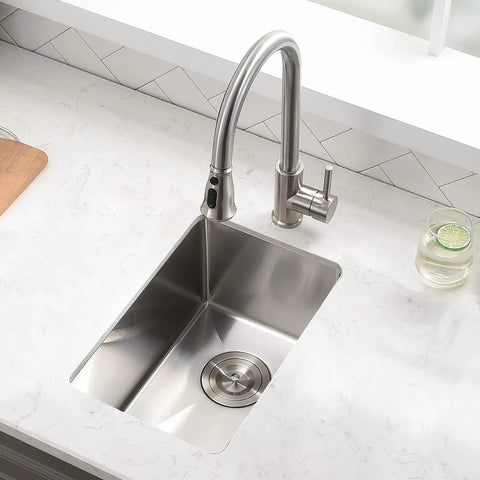 Undermount 10 Inch Bar Prep Sink, 16 Gauge Stainless Steel Single Bowl Kitchen Sink with strainer and bottom grid installed