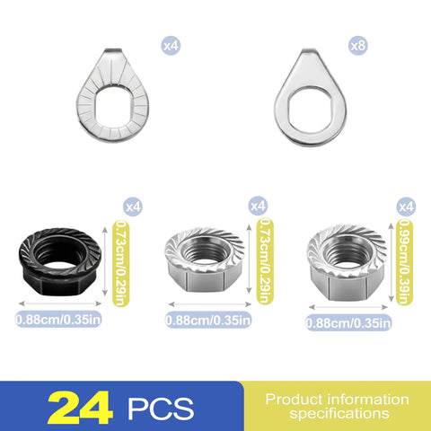 Beefy Universal Bike Axle Nut Kit 24Pcs M8 M9.5 M10 includes various nut sizes and designs for mountain and road bikes.