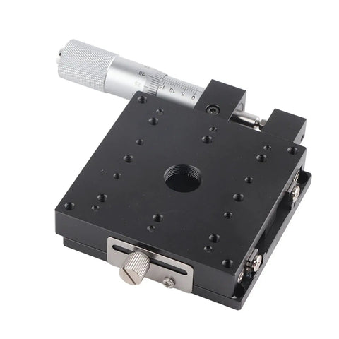 Top Shelf X Axis Manual Slide Table Featuring External Digital Micrometer Dial Control 80x80mm Roller Base Black Anodized Aluminum Build, close-up view.