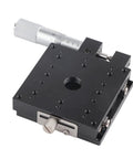 Top Shelf X Axis Manual Slide Table Featuring External Digital Micrometer Dial Control 80x80mm Roller Base Black Anodized Aluminum Build angle view showing micrometer adjustment and mounting holes.