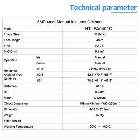 Technical parameters of 5MP Four Millimeter Fixed Focus C Mount Lens for Industrial Machine Vision Cameras with One Over One Point Eight Inch Sensor HD 5MP Imaging and Distortion Under One Percent