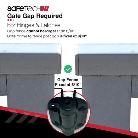 Heavy Duty Self Closing Gate Hinges With Adjustable Spring Tension For Smooth Pool Safety And Kid Proof Latching On Any Square Post Or Aluminum Fence Setup In Black, showing gap requirements at 8/10".