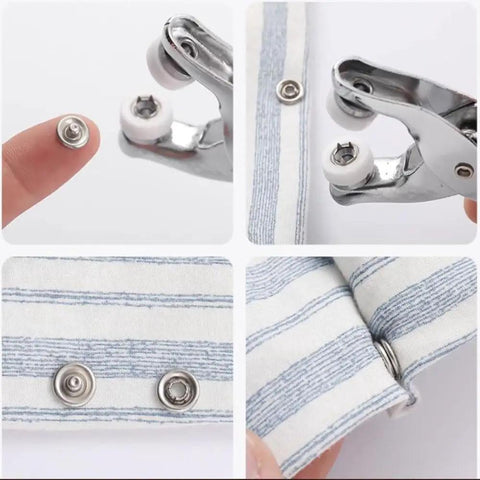 Snap Fasteners Kit With 100 Sets Of Metal Snaps And Pliers Tool For DIY Crafts Clothing Sewing Hats Easy Fabric Installation Nine Point Five Millimeter 400 Pieces Ideal For Craft Projects And Quick Repairs shown in use on fabric, displaying installation tool and metal snaps.