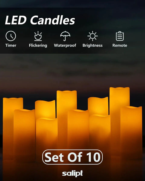 Flameless LED Candle Set Of 10 Pillar Candles Waterproof Resin For Indoor Outdoor Use Ivory With Realistic Flickering Flame