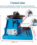 Pro Grade Rotary Welding Positioner Features A Kickass 180 Mm Chuck And Nails 90 Degree Tilt Angles with dimensions labeled.