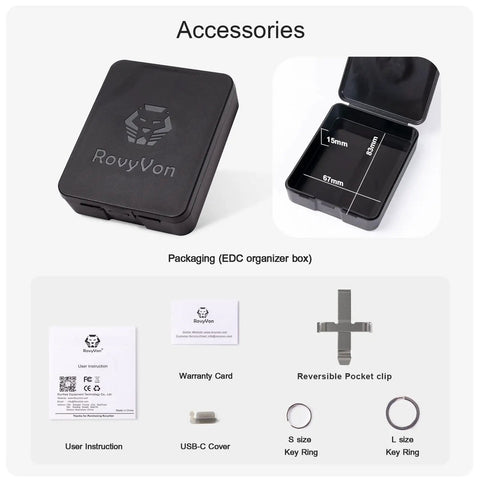 Accessories of Dope 700 Lumen USB C Rechargeable EDC Flashlight With Dual Power And Multifunctional Sidelight including a black box and key rings.