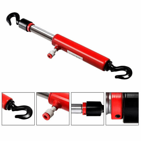 Beefed Up 10 Ton Hydraulic Pull Back Ram 26 Inch Long showing steel hooks and connectors for auto body repair and heavy equipment.