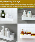 Adhesive Shower Caddy Wall Mounted Bathroom Shelf Organizer Storage Rack No Drilling Shower Shelf Bath Essentials Shampoo Spice Holder Two Clear Adhesives For Shower Room Kitchen White displayed with toiletries and spices.