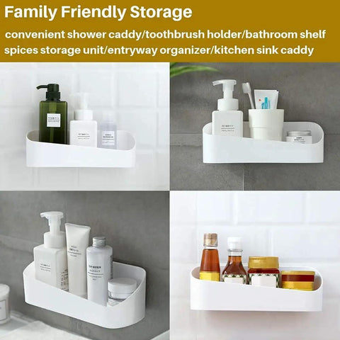 Adhesive Shower Caddy Wall Mounted Bathroom Shelf Organizer Storage Rack No Drilling Shower Shelf Bath Essentials Shampoo Spice Holder Two Clear Adhesives For Shower Room Kitchen White displayed with toiletries and spices.