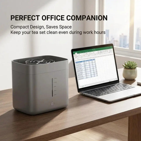 Automatic Desktop Cup Washer With 1.8L Tank Electric Glass Rinser beside a laptop on a wooden desk, compact and functional for office use.