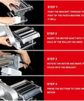 Step-by-step instruction for using Shule Electric Pasta Maker Machine With Motorized Roller, highlighting attachment process.