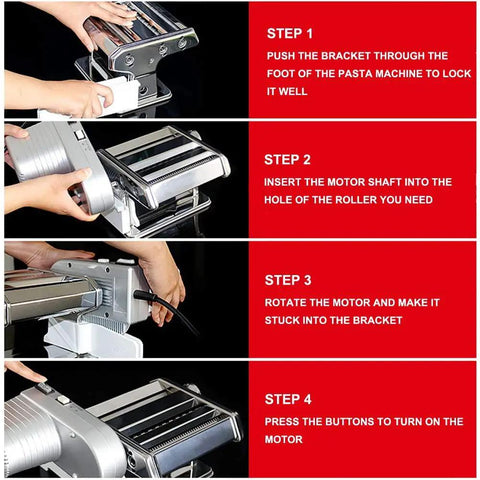 Step-by-step instruction for using Shule Electric Pasta Maker Machine With Motorized Roller, highlighting attachment process.