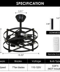 Caged Ceiling Fan With Remote Control And Light, dimensions and remote detail for Farmhouse Flush Mount Industrial Low Profile