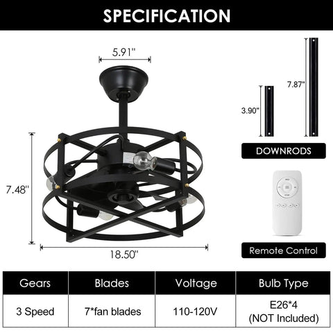 Caged Ceiling Fan With Remote Control And Light, dimensions and remote detail for Farmhouse Flush Mount Industrial Low Profile