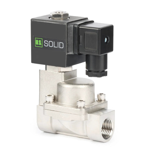 Stainless steel 1/2-in high-temperature solenoid valve with 12V DC coil, U.S. Solid