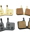 Top Grade Semi Metal Resin Brake Pads Designed For Four Piston Hydraulic Disc Rotors shows two pairs of brake pads with gold and black materials.