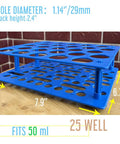 Detachable 50 mL Centrifuge Vial Rack For Lab Use, 25 Well Test Tube Holder, 7.9x6.7x2.4 in, blue plastic, holds 50 mL tubes