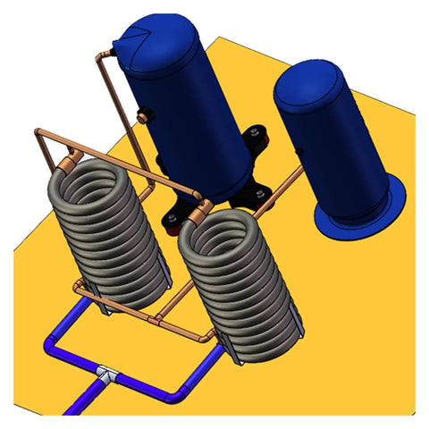Heavy Duty Tube In Tube Coaxial Condenser For Heat Pump Water Heaters Featuring Top Shelf Heat Exchange Efficiency Built Tough For Extended Service Life And Reliable Zero Hassle Commercial Operation with dual coils and blue fittings.