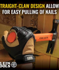 Heavy Hitting 16-Ounce Straight-Claw Hammer With Smooth Head shown prying nails, 13-Inch Length Fiberglass Shock Absorbing Grip.