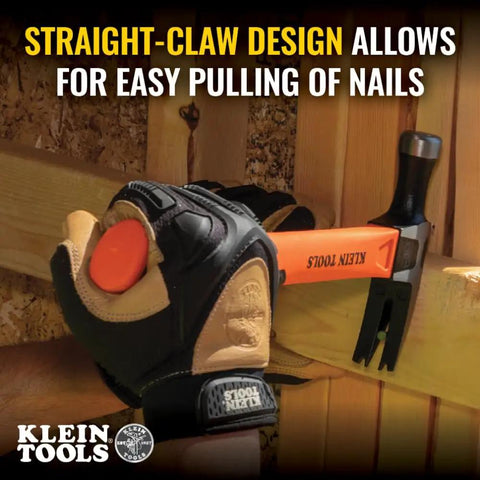 Heavy Hitting 16-Ounce Straight-Claw Hammer With Smooth Head shown prying nails, 13-Inch Length Fiberglass Shock Absorbing Grip.