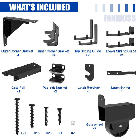 Heavy-Duty Galvanized Steel Sliding Gate Kit with safety lock, anti-sag design, and smooth rollers for wooden gates shown.