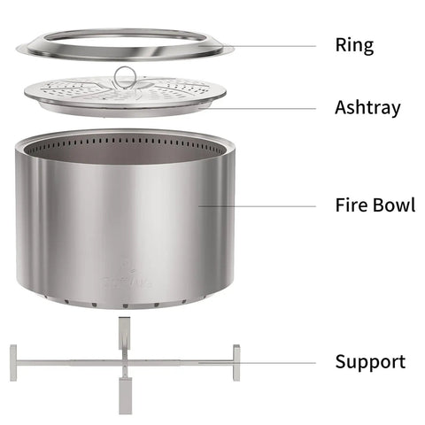 Exploded view of Smokeless 27 Inch Stainless Steel Fire Pit For Outdoors Wood Burning Bonfire Pit For Camping And Backyard Vibes