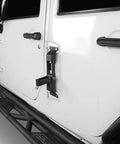 Heavy Duty Kickass Door Hinge Steps For Jeep Wrangler Jk Jku Roof Rack Access With Integrated Bottle Opener Rock Hard Serrated Grip Off Road Upgrade Pack Of Two shown on white Jeep door.