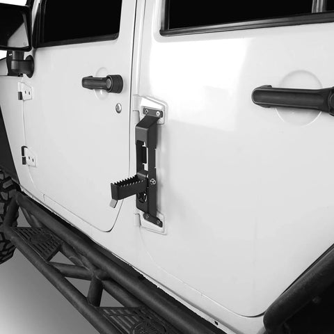 Heavy Duty Kickass Door Hinge Steps For Jeep Wrangler Jk Jku Roof Rack Access With Integrated Bottle Opener Rock Hard Serrated Grip Off Road Upgrade Pack Of Two shown on white Jeep door.