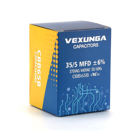 35/5 MFD Dual Run Start Capacitor 370V/440V CBB65 box packaging angle view