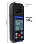 Front view of black handheld dual-channel K/J thermocouple thermometer with blue bezel and LCD display