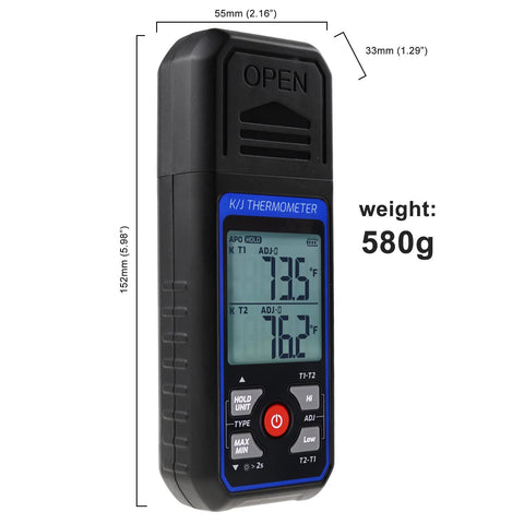 Front view of black handheld dual-channel K/J thermocouple thermometer with blue bezel and LCD display