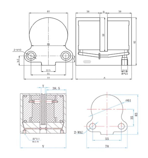 Technical drawing of Beefy Pneumatic Disc Brake Caliper Tool With Self Reset For Auto Air Brakes, detailed dimensions and design.