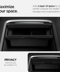 Center Console Organizer for Tesla Model Y 2021 2024 and Model 3 2021 2023, Durable PC Tray installed in car, anti-slip design shown